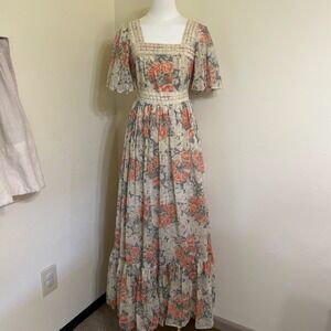Vintage Act I New York Floral Maxi Dress Lace Trim Boho Prairie 70s Peach Blue 7